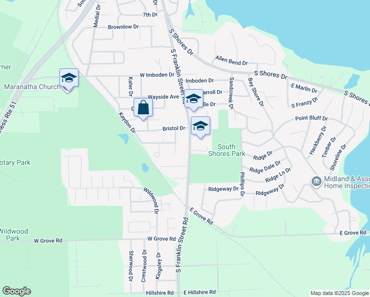 map of restaurants, bars, coffee shops, grocery stores, and more near 2523 South Franklin Street Road in Decatur