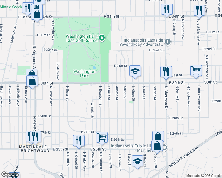 map of restaurants, bars, coffee shops, grocery stores, and more near 2953 North Lasalle Street in Indianapolis