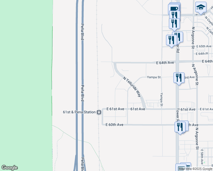 map of restaurants, bars, coffee shops, grocery stores, and more near 17383-17673 East 64th Avenue in Denver