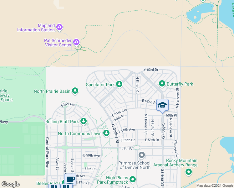 map of restaurants, bars, coffee shops, grocery stores, and more near East 64th Avenue in Denver