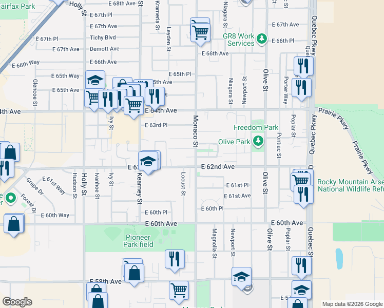 map of restaurants, bars, coffee shops, grocery stores, and more near 6491 East 62nd Place in Commerce City