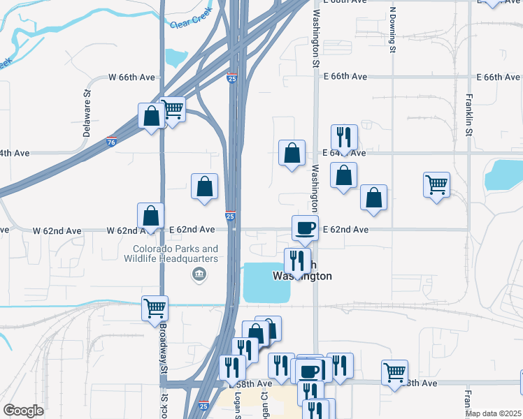 map of restaurants, bars, coffee shops, grocery stores, and more near 435 East 62nd Avenue in Denver