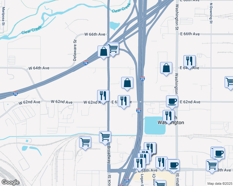 map of restaurants, bars, coffee shops, grocery stores, and more near 6300 Broadway in Denver