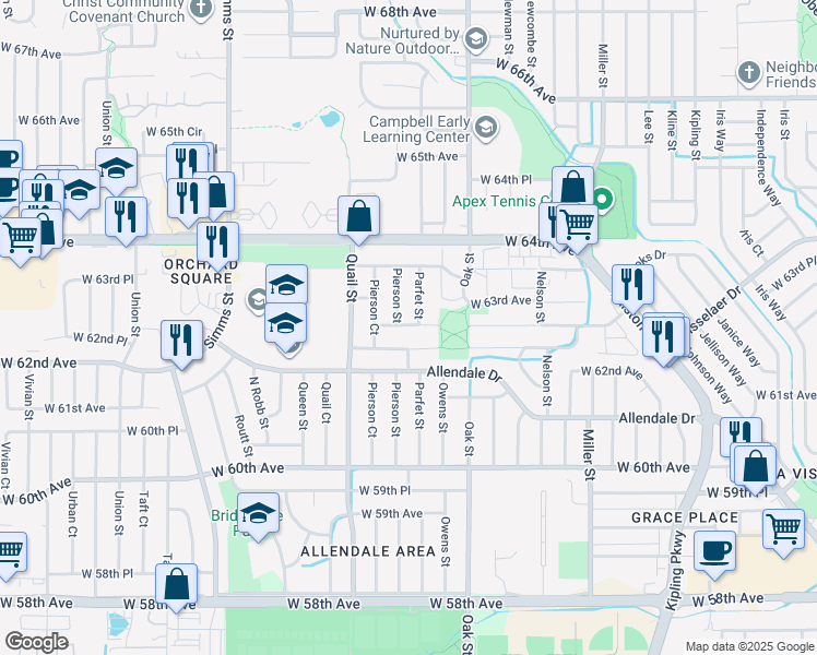 map of restaurants, bars, coffee shops, grocery stores, and more near 11048 West 62nd Place in Arvada