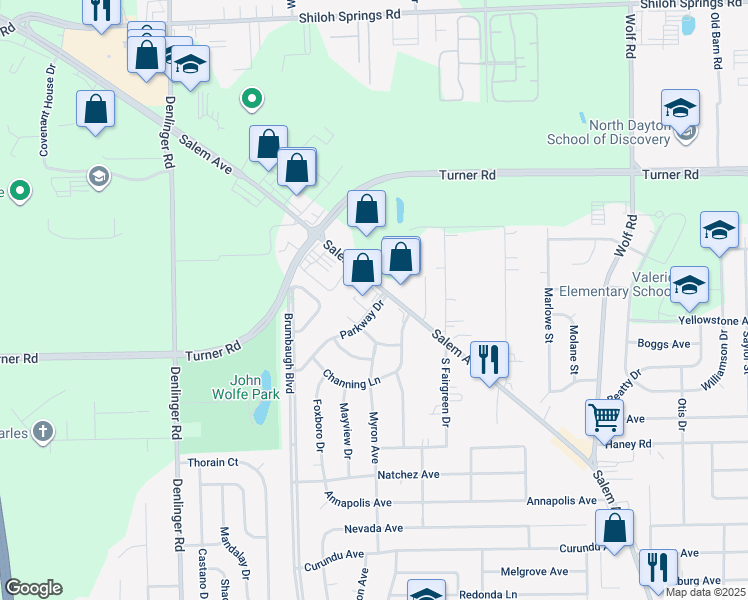 map of restaurants, bars, coffee shops, grocery stores, and more near 4385 Parkway Drive in Dayton