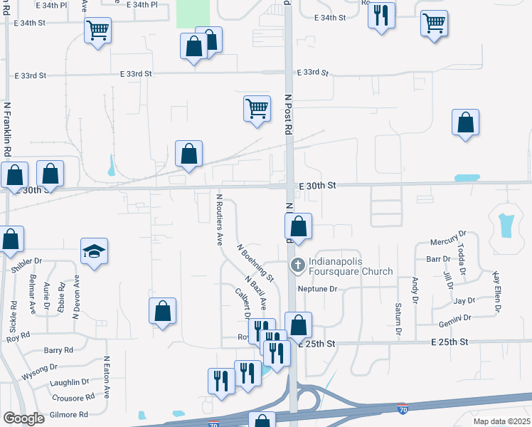 map of restaurants, bars, coffee shops, grocery stores, and more near 8931 East 30th Street in Indianapolis