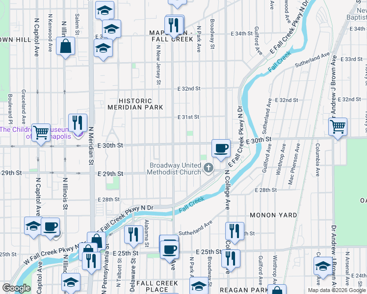 map of restaurants, bars, coffee shops, grocery stores, and more near 2953 Ruckle Street in Indianapolis