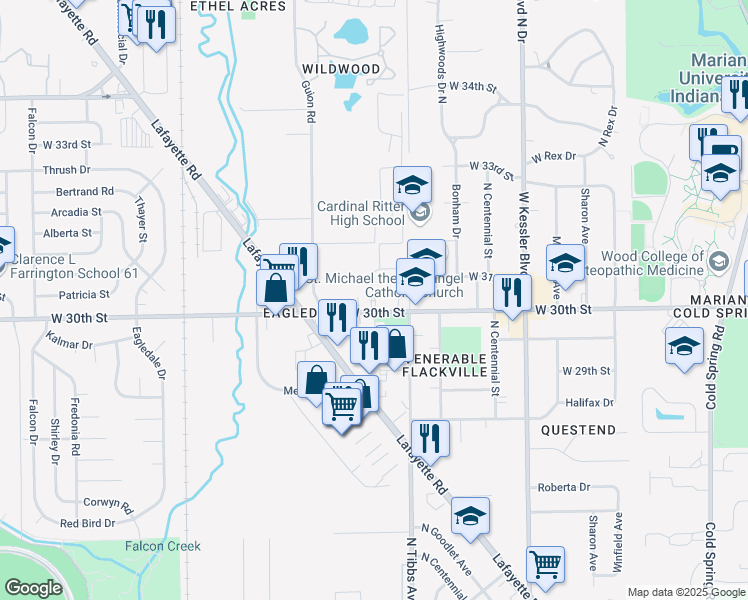 map of restaurants, bars, coffee shops, grocery stores, and more near 3422 West 30th Street in Indianapolis