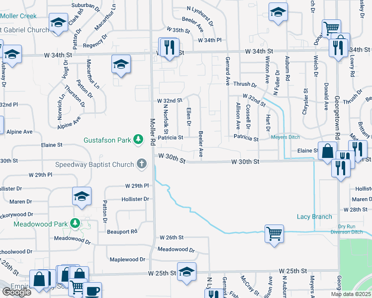 map of restaurants, bars, coffee shops, grocery stores, and more near 5332 Buttercup Lane in Indianapolis