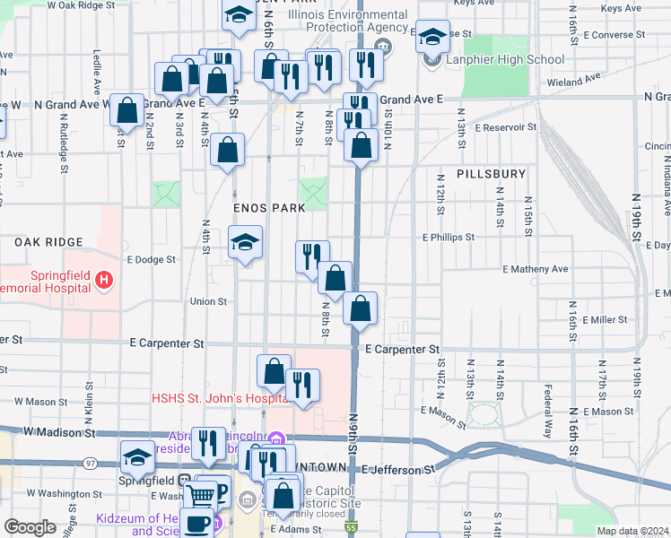 map of restaurants, bars, coffee shops, grocery stores, and more near 812 North 8th Street in Springfield