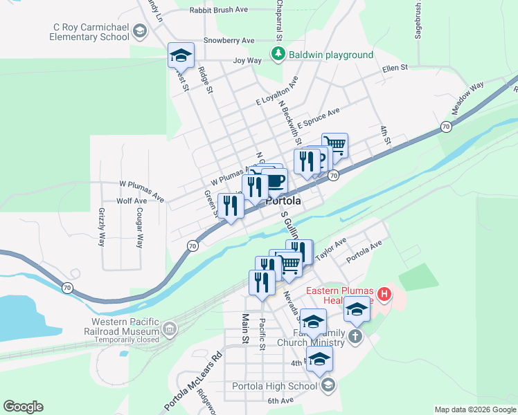 map of restaurants, bars, coffee shops, grocery stores, and more near 93 Ridge Street in Portola