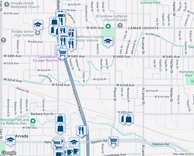 map of restaurants, bars, coffee shops, grocery stores, and more near 7017 West 62nd Place in Arvada