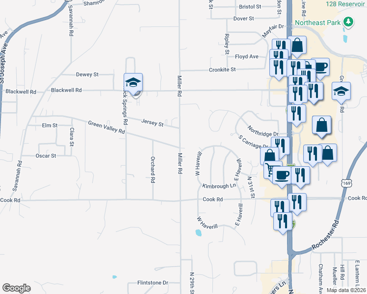 map of restaurants, bars, coffee shops, grocery stores, and more near 4801 Miller Road in Saint Joseph