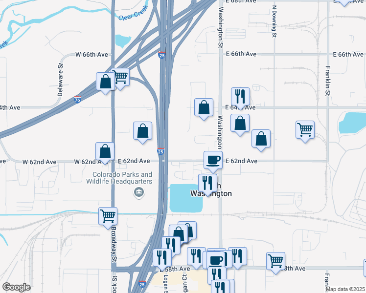 map of restaurants, bars, coffee shops, grocery stores, and more near 495 East 62nd Avenue in Denver