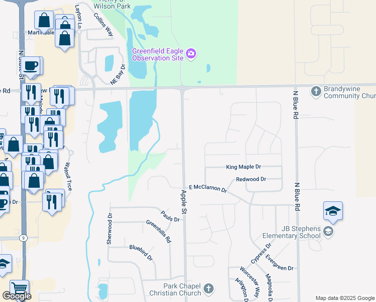 map of restaurants, bars, coffee shops, grocery stores, and more near 1725 Apple Street in Greenfield