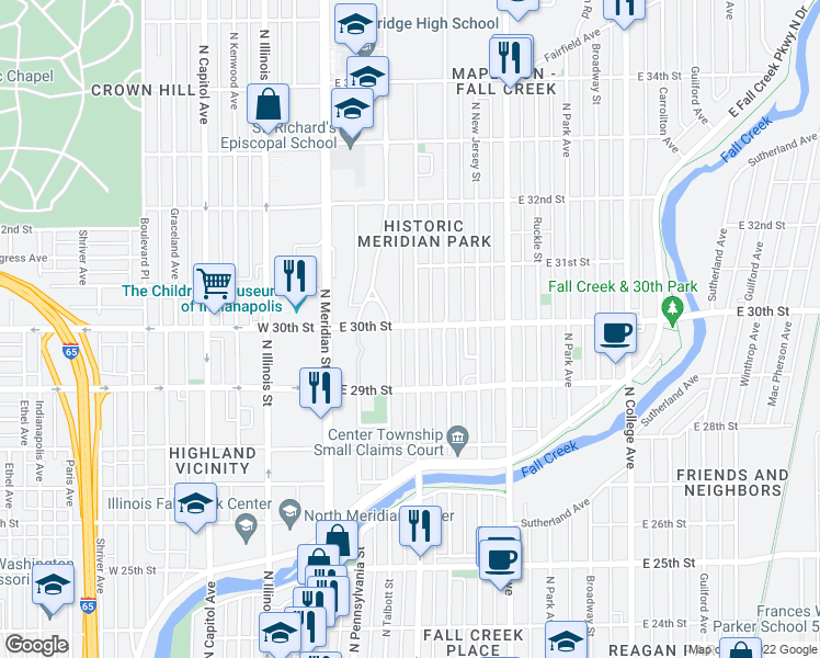 map of restaurants, bars, coffee shops, grocery stores, and more near 147 East 30th Street in Indianapolis