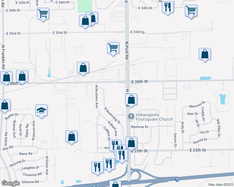 map of restaurants, bars, coffee shops, grocery stores, and more near 8931 East 30th Street in Indianapolis