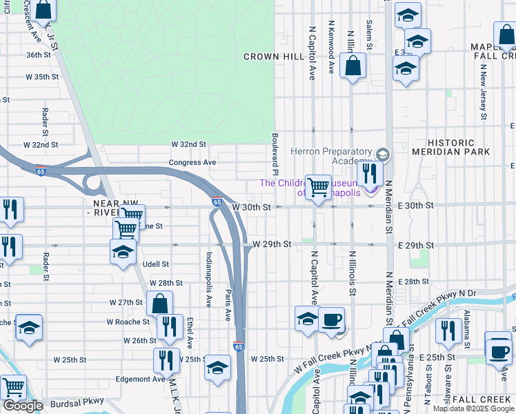 map of restaurants, bars, coffee shops, grocery stores, and more near 349 30th Street in Indianapolis