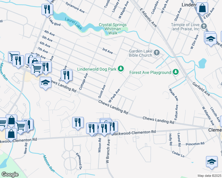 map of restaurants, bars, coffee shops, grocery stores, and more near 15 Wright Avenue in Lindenwold