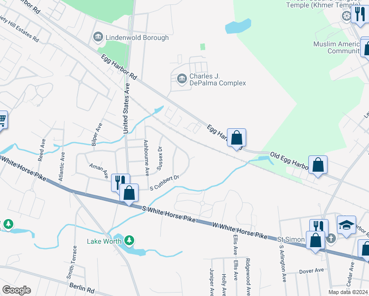 map of restaurants, bars, coffee shops, grocery stores, and more near 2405 North Cuthbert Drive in Lindenwold