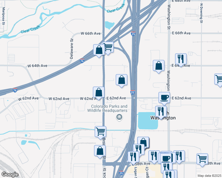 map of restaurants, bars, coffee shops, grocery stores, and more near 6300 Broadway in Denver