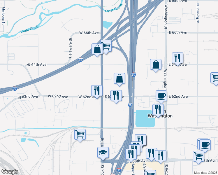 map of restaurants, bars, coffee shops, grocery stores, and more near 6300 Broadway in Denver