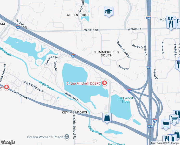 map of restaurants, bars, coffee shops, grocery stores, and more near Breakwater Drive in Indianapolis