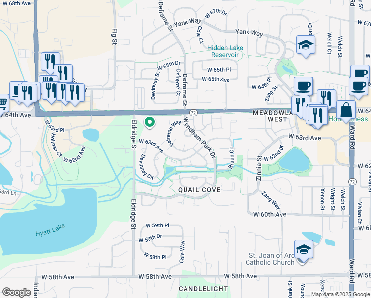 map of restaurants, bars, coffee shops, grocery stores, and more near 6331 Deframe Way in Arvada