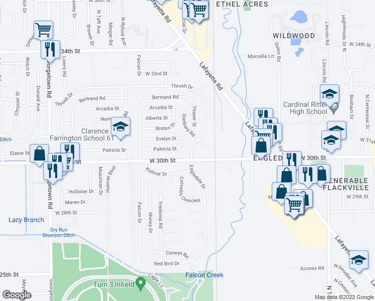 map of restaurants, bars, coffee shops, grocery stores, and more near 3018 Eagledale Drive in Indianapolis