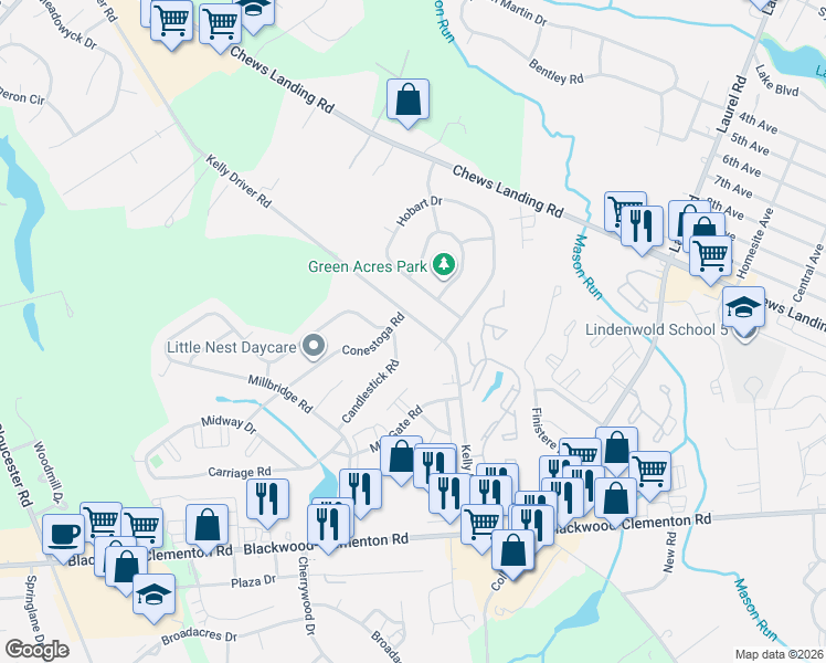map of restaurants, bars, coffee shops, grocery stores, and more near 152 Kelly Driver Road in Clementon