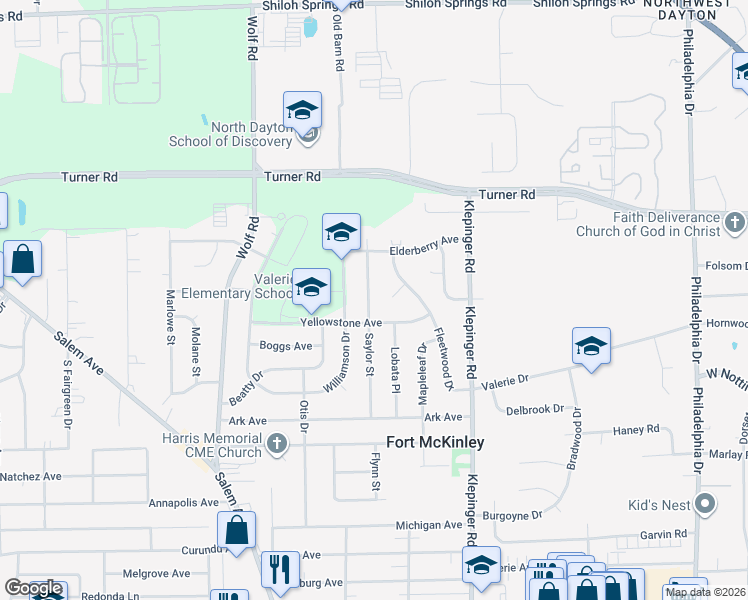 map of restaurants, bars, coffee shops, grocery stores, and more near 4322 Saylor Street in Dayton