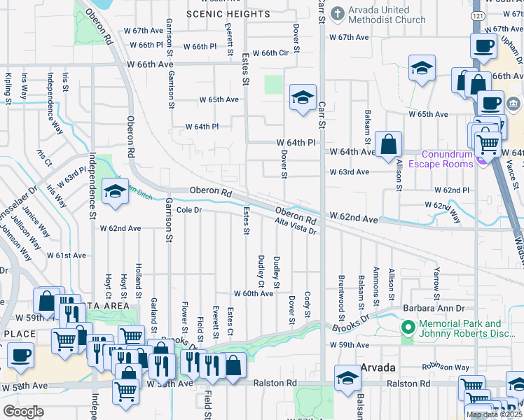 map of restaurants, bars, coffee shops, grocery stores, and more near 8755 Alta Vista Drive in Arvada