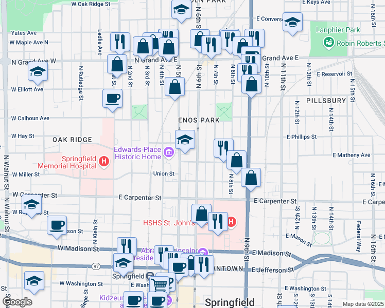 map of restaurants, bars, coffee shops, grocery stores, and more near 801 North 6th Street in Springfield