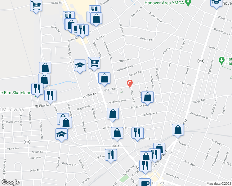 map of restaurants, bars, coffee shops, grocery stores, and more near 622 Eichelberger Street in Hanover