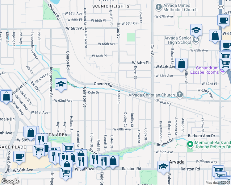 map of restaurants, bars, coffee shops, grocery stores, and more near 8835 Cole Drive in Arvada