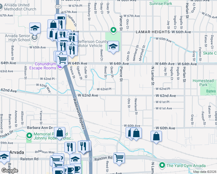 map of restaurants, bars, coffee shops, grocery stores, and more near 6935 West 62nd Place in Arvada