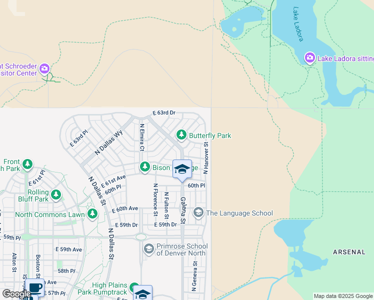 map of restaurants, bars, coffee shops, grocery stores, and more near 6262 Galena Street in Denver