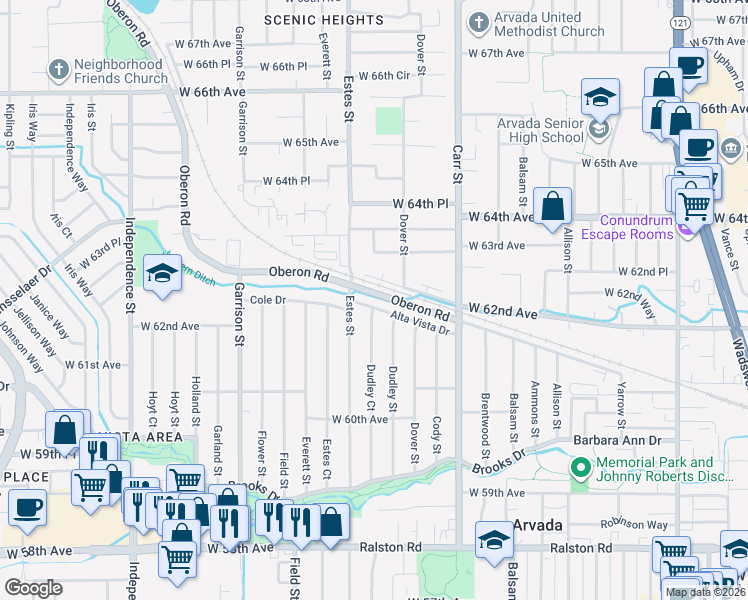 map of restaurants, bars, coffee shops, grocery stores, and more near 8755 Alta Vista Drive in Arvada