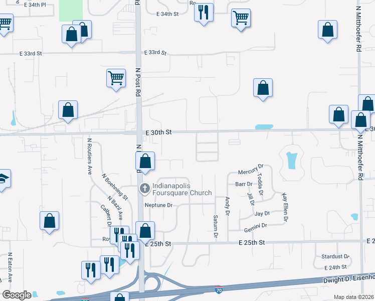 map of restaurants, bars, coffee shops, grocery stores, and more near 2900-2918 Carnaby Street in Indianapolis