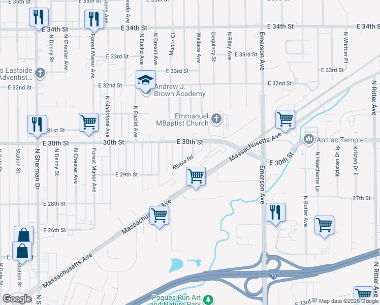 map of restaurants, bars, coffee shops, grocery stores, and more near 2944 Dequincy Street in Indianapolis