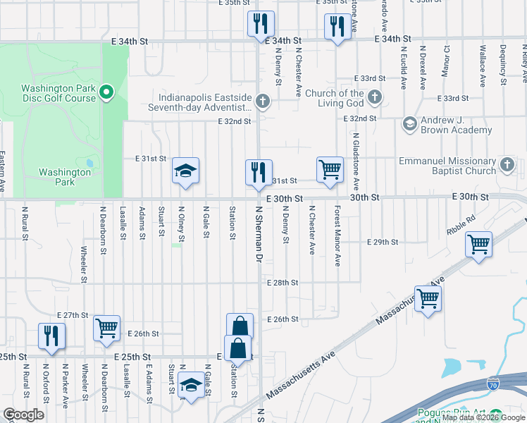 map of restaurants, bars, coffee shops, grocery stores, and more near 2942 North Sherman Drive in Indianapolis