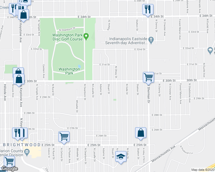 map of restaurants, bars, coffee shops, grocery stores, and more near 2946 Stuart Street in Indianapolis