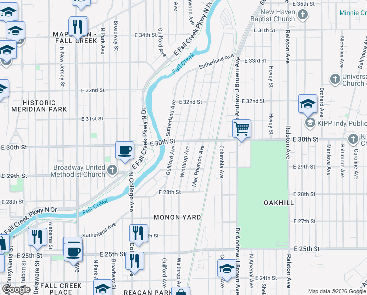 map of restaurants, bars, coffee shops, grocery stores, and more near 2946 Winthrop Avenue in Indianapolis