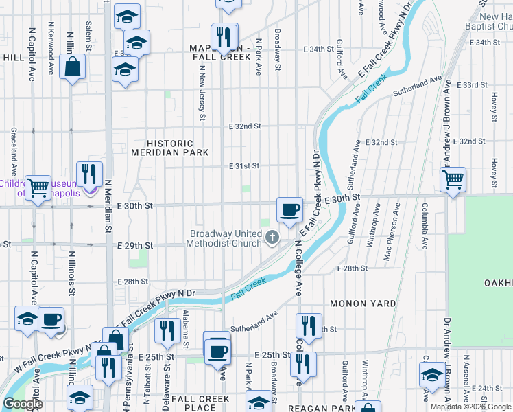map of restaurants, bars, coffee shops, grocery stores, and more near 2953 Ruckle Street in Indianapolis