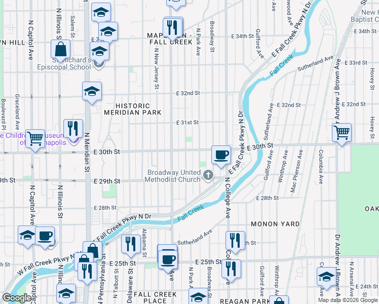 map of restaurants, bars, coffee shops, grocery stores, and more near 2953 Ruckle Street in Indianapolis