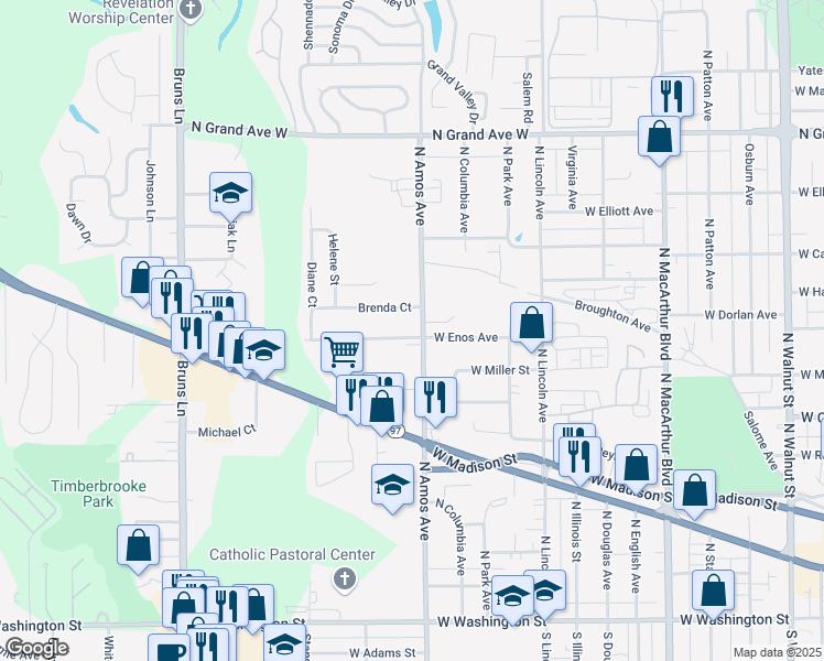 map of restaurants, bars, coffee shops, grocery stores, and more near 705 North Amos Avenue in Springfield