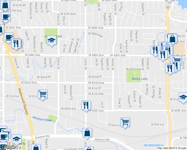 map of restaurants, bars, coffee shops, grocery stores, and more near 6213 West 62nd Place in Arvada
