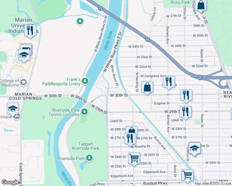 map of restaurants, bars, coffee shops, grocery stores, and more near 1706 W 30th St in Indianapolis