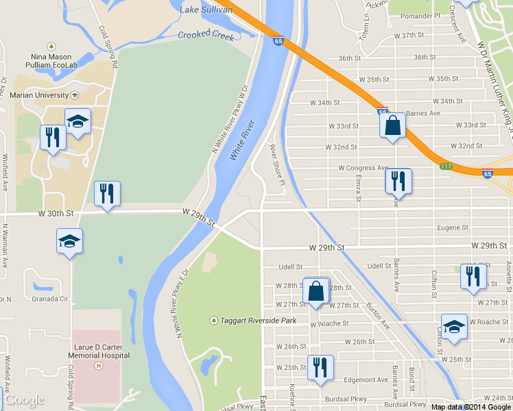 map of restaurants, bars, coffee shops, grocery stores, and more near 3011 Skylar Lane in Indianapolis