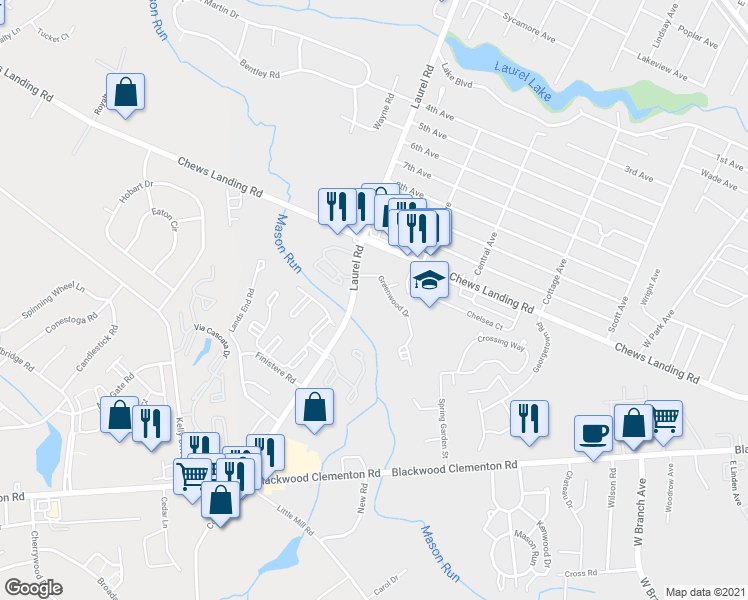 map of restaurants, bars, coffee shops, grocery stores, and more near 1621 Laurel Road in Lindenwold